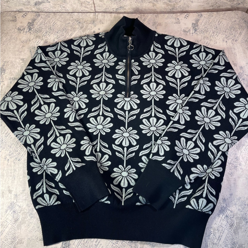 Sandro Kurt Daisy Jacquard Quarter Zip Sweater French Designer Floral Knit